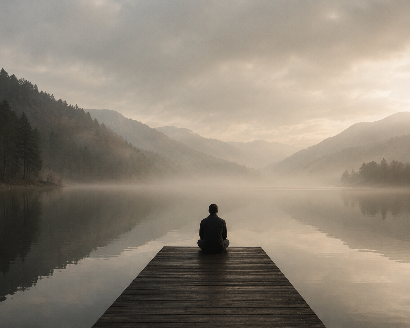 A solitary figure sitting beside still misty water