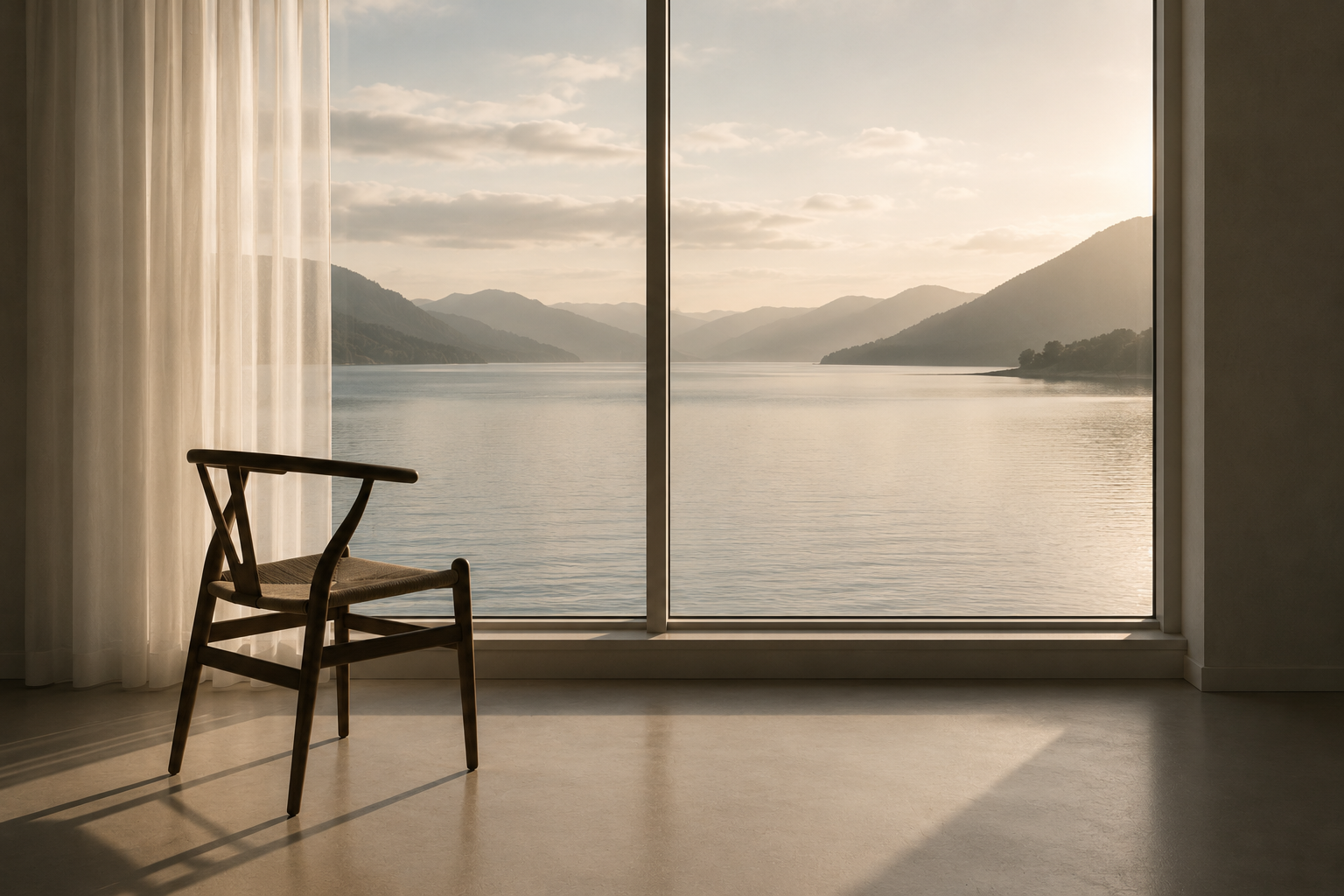 An empty chair beside a quiet window overlooking still water