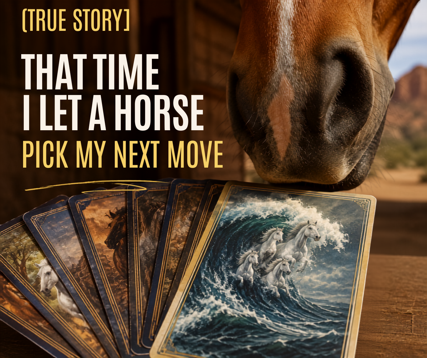 Horse choosing from a fan of horse-themed tarot cards in Sedona